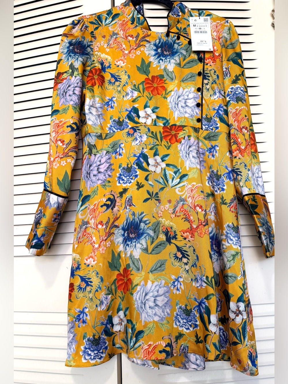 Zara Mustard Floral Long-Sleeve Fit-and-Flare Dress